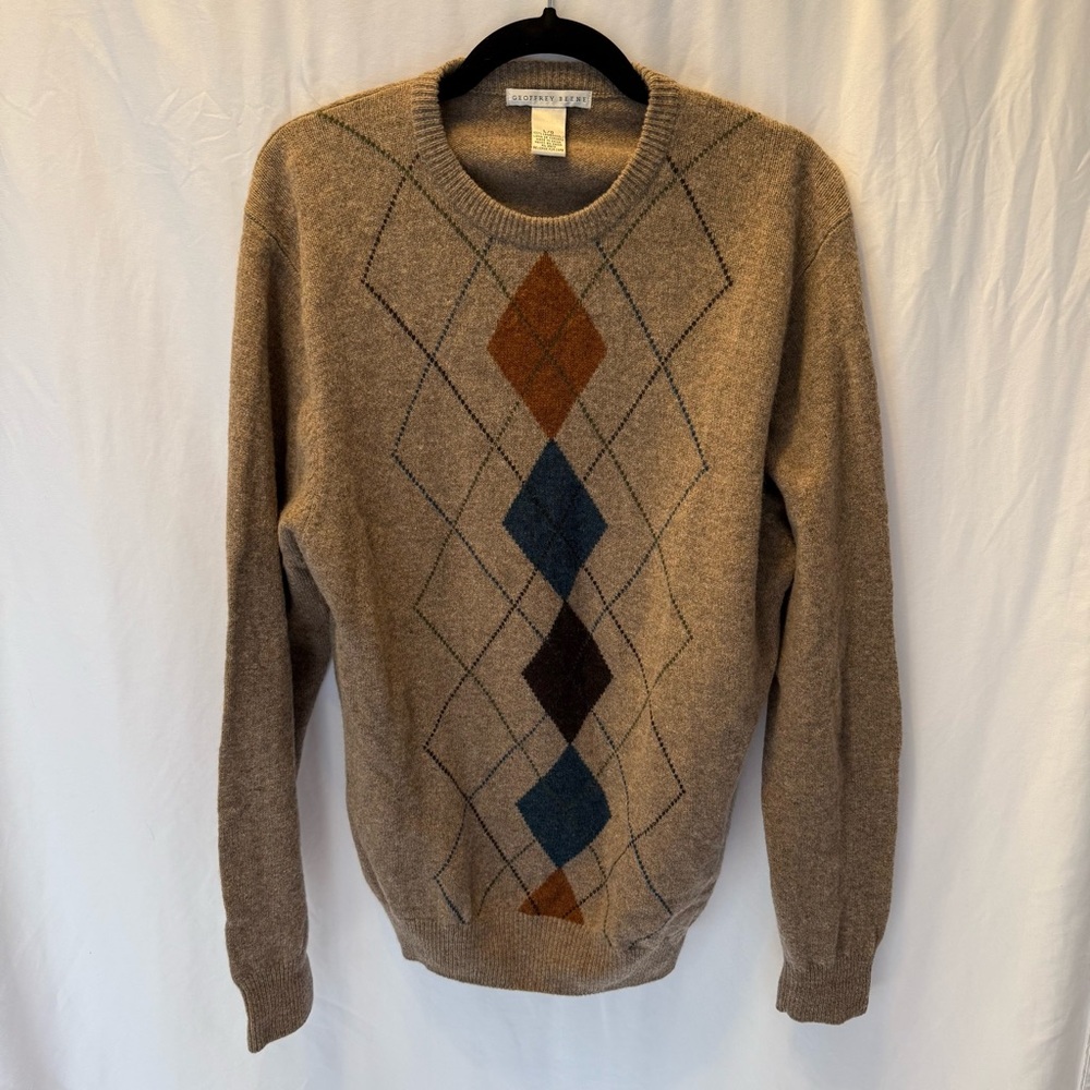 Geoffrey Beene Lambswool Crewneck Sweater Large‎ Argyle Knit Grandpacore Retro